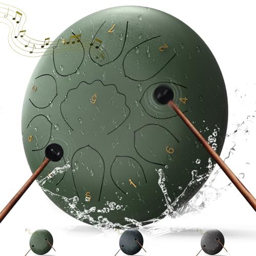 Stahlzungentrommel,Noten Regentrommeln für Außengarten, Regenspiel, Handpfanne mit Musikbuch, Schlägel, Regenspiel, wasserdicht, Handpan-Instrument im Freien (Steingrün, 8 Zoll)