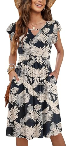 PLOKNRD Women's Summer Dress V-Neck Ruffle Sleeve Ladies Dress Elastic Waist Loose Swing Casual Dress with Pockets Knee Length (Rainforest Leaf,XL)