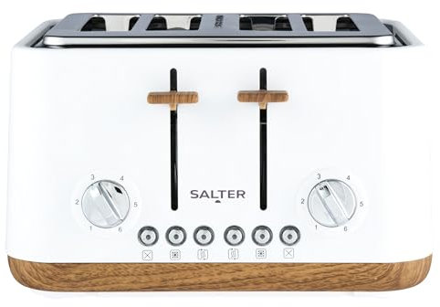 Grille-pain 4 tranches Salter Toronto – fentes larges, 6 niveaux de brunissement, ramasse-miettes amovible, décongeler/réchauffer/annuler, centrage automatique, levée haute, 1630 W, bois mat blanc