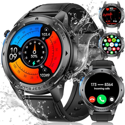 LIGE DM2-1.43''Reloj Inteligente Hombre con Llamadas Bluetooth, GPS/Brújula/Barómetro Presión/Altímetro, 170+ Modos Deportivos, 5 ATM Impermeable, Smartwatch Hombres para Android iOS, Negro-Cuero