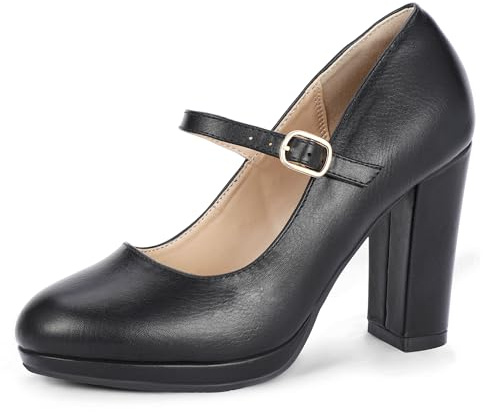 IDIFU Black Heels Closed Toe Mary Jane Shoes Platform High Chunky Block Heels Pumps Comfortable Dress Shoes for Women Business Work Office Formal Dressy Classic Round Toe Pumps Shoes(Black Pu, 9.5)