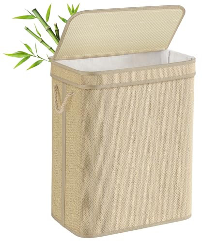 SONGMICS Laundry Basket, Laundry Hamper, 90 L Bamboo Clothes Organiser, Removable Liner, Machine Washable Bag, with Lid, Handles, for Bedroom, Living Room, Natural Colour LCB067Y01