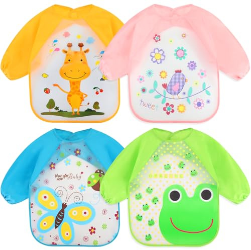 Accmor 4 Pack Long Sleeve Baby Bibs, Waterproof Sleeved Bib, Toddler Baby Girls Boys Smock Bibs for 6-36 Months