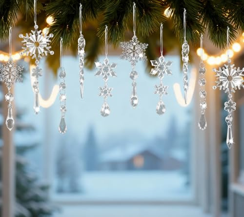 Filltown 10 Stück Kristall Schneeflocken Weihnachtsbaum Deko, Acryl Schneeflocke Eiszapfen Tropfen Christbaumschmuck Hängende Ornamente für Weihnachten Party Hochzeit Dekoration