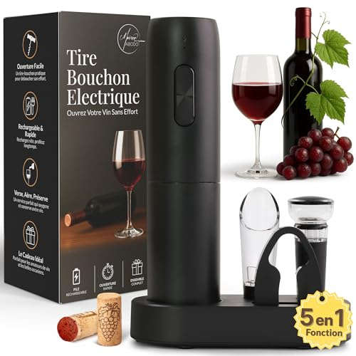 Premium Sacacorchos Eléctrico Recargable 5 en 1, Abridor de Botellas Profesional con Base de Carga, Cortacápsulas, Vertedor-Aireador, Tapón de Vino, Cable USB – Negro