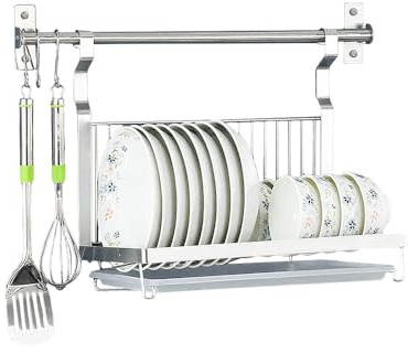 TentHome Egouttoir Vaisselle INOX Pliable Murale avec 5 Crochets, Égouttoir à Vaisselle Petit avec Plateau, Seche Porte Support Ustensiles Cuisine Assiette Bol Mural, Sechoir Rangement Vaisselle