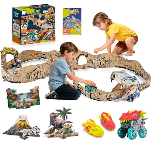 RoserRose Dinosaurier-Schienenspielset für Kinder, Dinosaurier Spielzeug, autorennbahn, Mit Wechselbaren Dinosaurierköpfen & Umweltschonendem Pappe, Geschenk für Kinder ab 3 Jahren