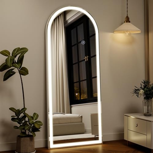 Koonmi Arched LED Full Length Mirror, 165 x 60 cm, Dimmable, White | Dimmable lighting, Touch controls