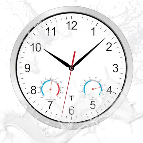 NESIFEE Outdoor Funkuhr Wanduhr Funk Wetterfest Aussen Groß 30cm Weiß | Funkwanduhr, Uhr mit Temperaturanzeige Hygrometer,Außenbereich, Gartenuhr, Wohnzimmeruhr Küchenuhren Badezimmeruhr