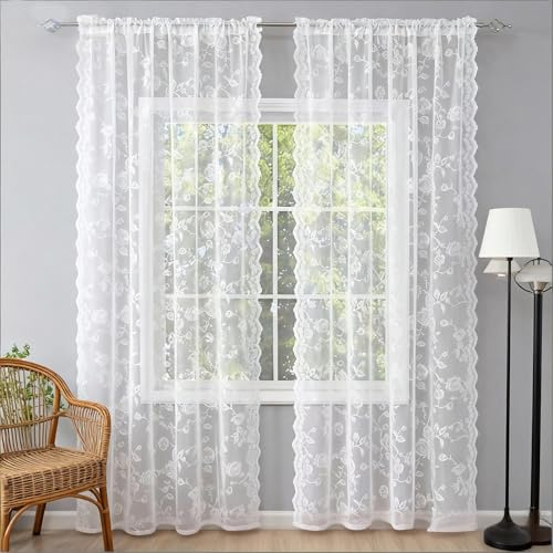 Fmorgen Französische Spitzenvorhang Durchlässig Spitzenvorhang 2 Stück Spitzengardinen Gardinen Vintage-Fensterbehandlung Ösenvorhang für Wohnzimmer Schlafzimmer(White, 132x245CM)