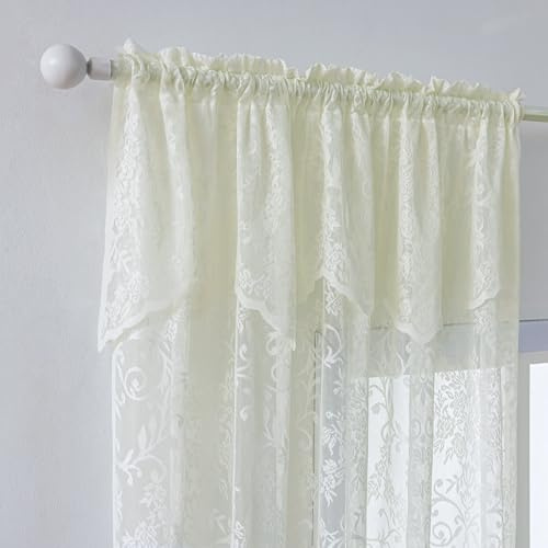 WUBODTI Cream Lace Curtains with Valances Attached 72 Inches Long 2 Panels, Vintage Floral Patterned Semi Sheer Curtain with Valance Rod Pocket Lace Drapes for Living Room Bedroom Balcony, Ivory