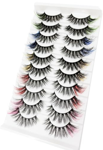 10 Paires Faux Cils Colorés, Cils Artificiels 3D avec Touffes Colorées, Longs et Denses pour Maquillage de Fête Carnaval Scène