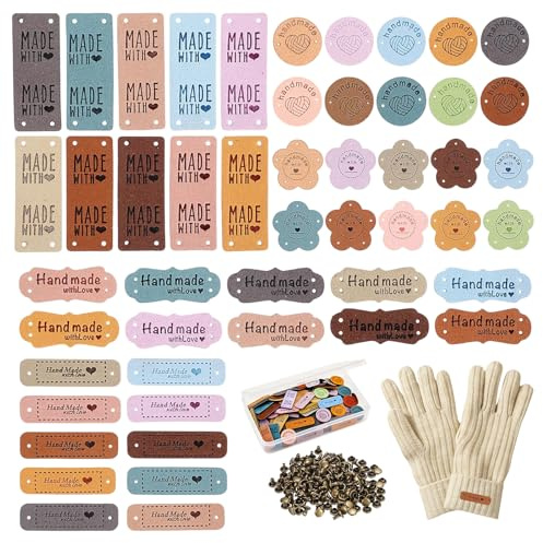 Leder Handmade Label 50 Pcs, Zum Annähen mit 75 Nieten,1 Aufbewahrungsbox, 5 Design PU Leder Label Personalisierte Handgemachte Lederetiketten, Bunte Etiketten mit Löchern für DIY Hut Jeans Taschen