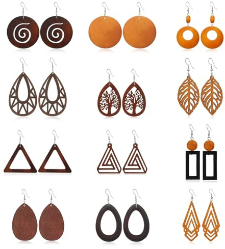 Xusxes Pendientes de Madera Bohemios, 12 Pares Aretes Colgantes Étnicos