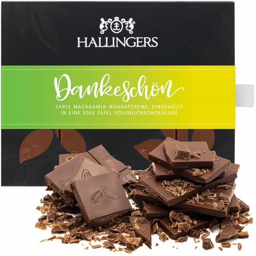 Hallingers Genuss Manufaktur Schokolade Dankeschön-Geschenk - Tafel handgeschöpften Edelkakaos ohne Alkohol edler Karton Dankeschön Macadamia-Nougat, Geschenkidee für Frauen Männer