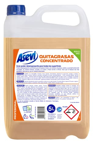 Asevi Profesional Quitagrasas Concentrado - Limpiador Multiusos Concentrado con Aroma Cítrico - Ideal para Cocina, Ropa, Exteriores - Fácil de Usar - Envase de 5 Litros