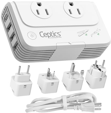 Ceptics 200W Voltage Converter – 220V to 110V Converter for Curling Iron & Straightener, Step Down Converter with USB-C PD 18W, Type C E/F G I Plugs