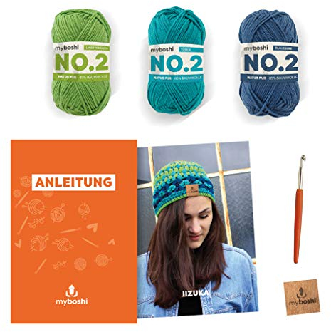 myboshi Häkelset Iizuka, inkl. No.2 Wolle, Nadel und Anleitung, Sommermütze, Häkelpaket, 85% Baumwolle, 15% Kapok Blau, mit Häkelnadel