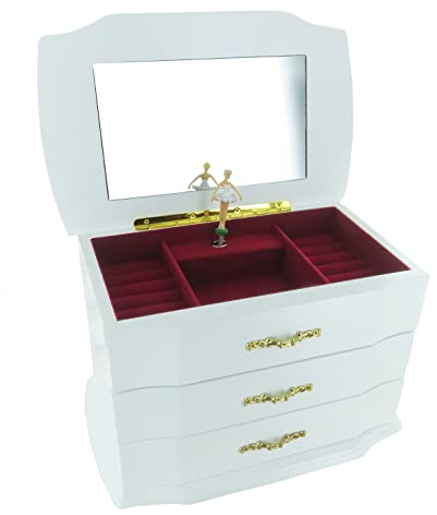 Große Schmuckschatulle / Schmuckschachtel / Schmuckkästchen mit Spieluhr aus Holz mit tanzender Ballerina, Spiegel, 18-Ton-Federspielwerk und Schubladen - Schwanensee (P. I. Tschaikowski)