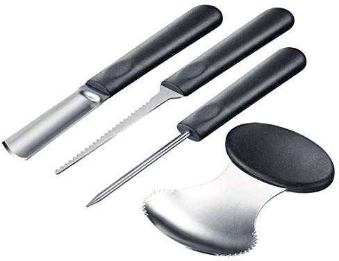 Westmark Dekorations-Schnitz-Set für Kürbisse und anderes Obst/Gemüse, 4-tlg., inklusive Schnitz-Vororlagen, Halloween, Rostfreier Edelstahl/Kunststoff, Schwarz/Silber, 51282260, 225 x 90 x 20 cm