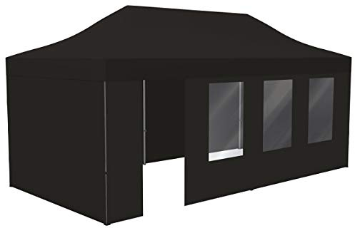 Vispronet Profi Faltpavillon Basic 3x6 m in Schwarz, Stahl-Scherengitter, 4 Seitenteile - Davon 1 Wand mit Tür & Fenster (weitere Farben & Größen)