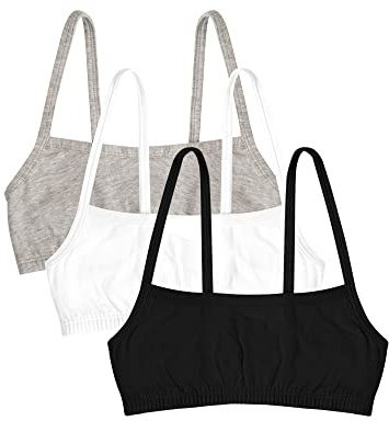 Fruit of The Loom Big Girl's Cotton Spaghetti Strap Sport 3 Pack(Pack of 3) Bra, Black/White/Grey Heather, 34