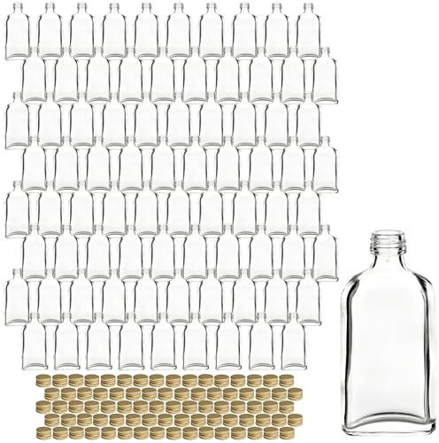 gouveo 80er Set Mini-Glasflaschen 50 ml (0,05 l) 50 ml Dana mit Schraubverschluss PP18 goldfarben, flache Klarglas-Fläschchen zum Befüllen für Likör, Schnaps, Essig, Deko (MFD050G)