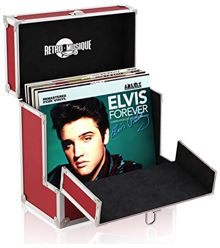 Retro Musique 12-Aluminium-Schallplattenkoffer mit einzigartiger, aufklappbarer Frontklappe für besseren Zugriff auf Ihre LPs, für bis zu 40 LPs, inklusive 40 Vinyl-Schallplattenhüllen (Rot)