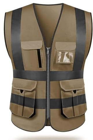 ZUJA Safety Vest work High visibility reflectivemulti pockets workwear waistcoat, Brown, Medium
