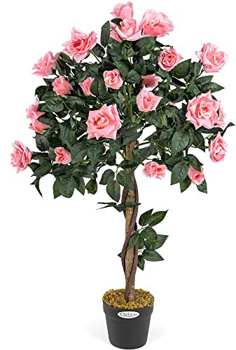 Christow Artificial Rose Tree Pink Flowers Twisted Wooden Trunk Potted Indoor Outdoor 3ft