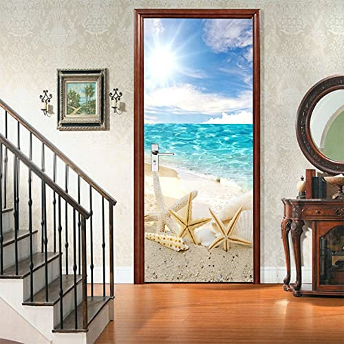 A.Monamour Türtapete Selbstklebend Türfolie Türposter 3D Seestern Muscheln Am Sandstrand Sonnigen Blauen Himmel Tropische Landschaft Vinyl Folie Türdeko Tapete Wandbild Türaufkleber 95 x 215 cm