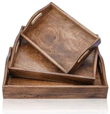Ajuny Holz Serviertabletts 3er Set mit Griffen Rechteckige | Frühstück Kaffee Tee Snacks Tisch Küche Essbereich Deko Arbeitsplatte Einweihung Hochzeit Geburtstag Geschenk