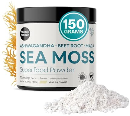 Atlantic Naturals Organic Sea Moss Powder with Beet Root Powder, Ashwagandha & Maca Root – Superfood Reds & Adaptogen Blend for Energy, Mood & Skin – Vanilla Flavor Drink Mix (150g)
