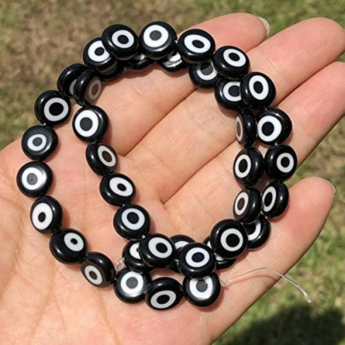 6/8/10mm flache runde Farben Evil Eye Lampwork glasierte Glasperlen f¨¹r die Schmuckherstellung DIY Armband Halskette Zubeh?r-Schwarz,10mm 36pcs