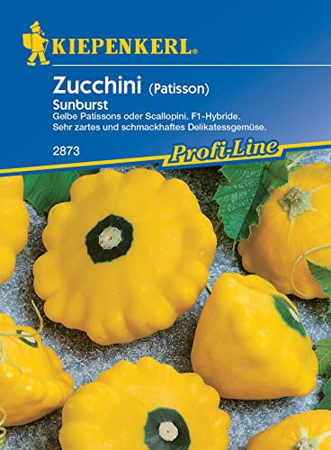 Kiepenkerl 2873 Zucchini Sunburst F1, die gelben Früchte mit dekorativem grünen Fleck sind jung geerntet besonders schmackhaft