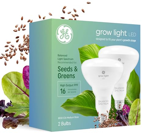GE Grow Lights for Indoor Plants, BR30 Indoor Floodlight, LED Light Bulbs for Seeds and Greens with Balanced Spectrum, 25,000 Hours Lifespan, 16 PPF, 2 Pack (Packaging May Vary)