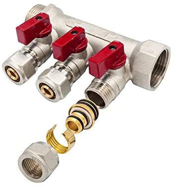 Belrad Heizkreisverteiler, 3 Abgänge, 1 AG - 1 IG, 35 mm Abstand | Kugelhahn rot, 1/2 16 mm Eurokonus x3, Vernickeltes Messing, Einzelabsperrung, Maße 130x85x50 mm