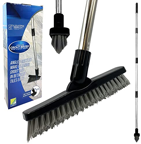 Angled Grout Cleaning Brush, Stiff Bristle Bath Scrubber Floor Grout Cleaner with 4-section Metal Handle, Swivel Head Floor Scrubbing Brush with Long Handle for Tiles, Bathroom & Hard-to-Reach Corners