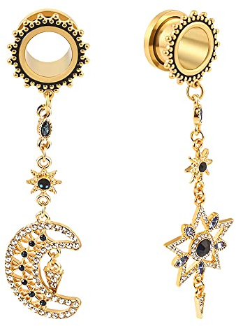 Vankula Ohr Tunnel mit anhänger Double Flared Flesh Plug Glitzer Mondstern Edelstahl für männer damen Ohrpiercing Gestreckte Schmuck 16mm(5/8) Gold
