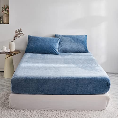DXHOME Teddy Sábana bajera ajustable de felpa 160 x 200 cm, cama con somier de invierno, cálida y mullida, para cubrecolchón de hasta 25 – 30 cm, color azul cachemira, forro polar de leche