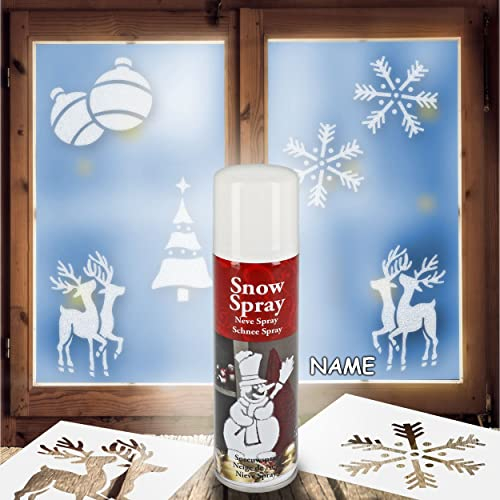 alles-meine.de GmbH Set: Schneespray Dose + 8 Schablonen Vorlagen - Weihnachtsmotive - inkl. Name - 23 cm - Kunstschnee Schneebild - für Fensterbilder Fenstersticker - z.B. für F..