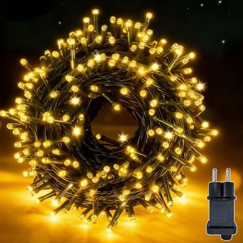 Hopelit Lichterkette Außen 10m 100LEDs warmweiß, 8 Modi LED Lichterkette Outdoor mit 31V-3,6W Stecker Timer Speicherfunktion IP44 wasserdicht für Balkon Garten Party (dunkelgrünes Kabel)