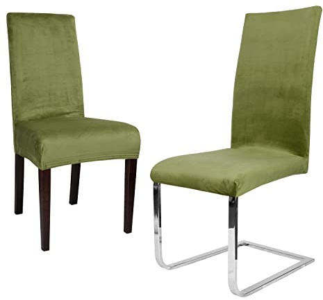 BEAUTEX Stuhlhussen Samt Stretch Stuhl & Schwingstuhl 2er Set Olivgrün LEA | 95% Polyester, 5% Elasthan, weiche Velours-Oberfläche, Rundum-Gummizug, 30 °C waschbar, faltenarm, formstabil & langlebig