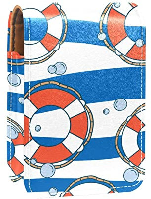 Lifebuoy Water Blue White Waves Stripe Lip Gloss Holder Lipstick Case Portable Mini Lipstick Storage Box Travel Lipstick Organizer Case with Mirror for Women