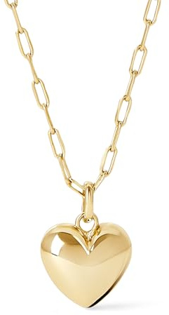Ana Luisa Lev Puffy Heart Necklace for Women - Paperclip Chain w/ 14K Gold Plated & Silver Rhodium Plated Small Puffed Heart Pendant - Hypoallergenic, Water-Resistant, Tarnish-Free Jewelry