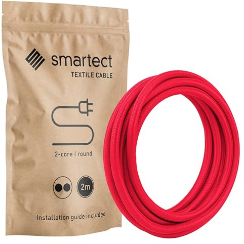 smartect Textilkabel 2-Adrig (2 x 0.75 mm²) Rot, 2 Meter | Vintage Lampenkabel Stoff, Stromkabel textilummantelt für eigenes DIY Projekt