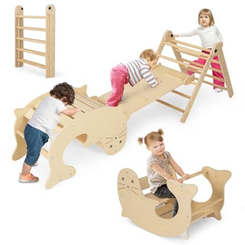 COSTWAY 7 en 1 Triángulo de Escalada Montessori, Escalador de Madera Plegable con Rampa Reversible, Balancín y Escalador de Leones Marinos, Mesa de Juegos y Túnel, para Niños de 3-14 años (Natural)
