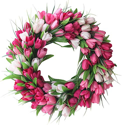 Tulipss Blumenkranz für Haustür, Handgefertigter Künstlicher Tulpenkranz, 50 cm, Künstliche, Handgefertigte Frühlings- und Sommer-Kunstblume für Heimdekoration, Außen- und Innenbereich,(#1)