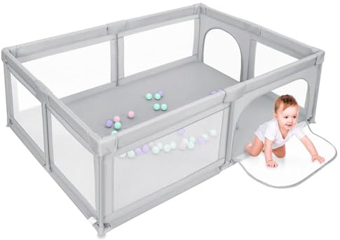 MUL-BOUTIQUE Laufgitter für Babys, modulierbar, 205 x 147 x 66 cm, faltbarer Laufstall, großer Laufstall für Kleinkinder mit Tür mit Reißverschluss (hellgrau)