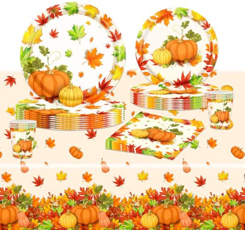 POPOYU Set di stoviglie da festa da 69 pezzi, decorazione della tavola autunnale con tovaglia da 137 x 274 cm, tovaglioli, bicchieri di carta, piatti per il raccolto del Ringraziamento festa a casa